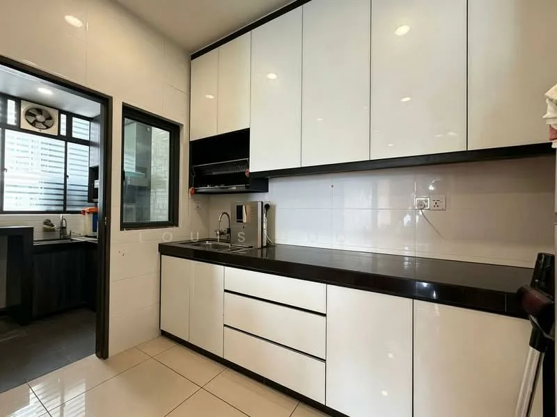 Kitchen features: white high-gloss cabinetry, black granite countertop, single-bowl stainless-steel sink, chrome pull-down faucet, built-in oven, stainless-steel range hood, ceramic tile flooring, white tiled backsplash, recessed downlights, floor-to-ceiling windows, sliding glass door; style: modern; view: city.