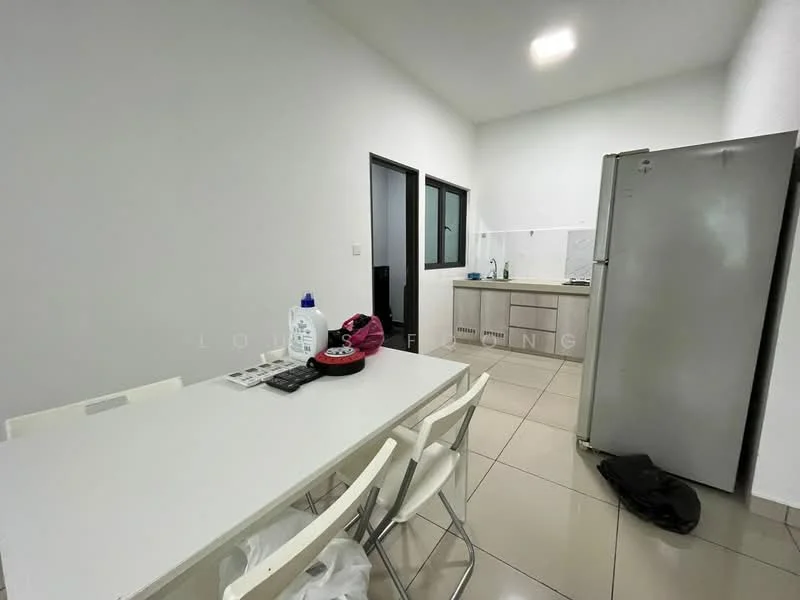 Kitchen features: white painted walls, tile flooring, refrigerator, kitchen cabinets, sink, countertop, dining table, white dining chairs, window, light fixture; style: modern.