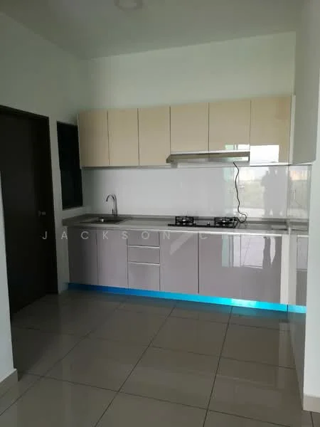 Kitchen features: light wood cabinetry, grey lower cabinets, stainless-steel sink, chrome pull-down faucet, built-in gas hob, stainless-steel range hood, white countertop, glossy tile flooring, wall-mounted cabinets, backlit countertop, window with view, neutral wall colour; style: modern.