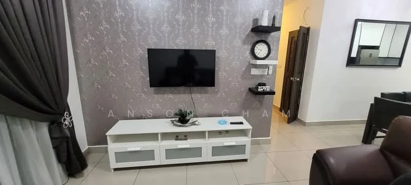 Living features: grey accent wall with floral pattern, white TV console with glass doors, wall-mounted flat-screen TV, decorative clock on wall, potted plant on console, cream tiled flooring, curtains in dark grey, black leather armchair, mirror on wall; style: modern.