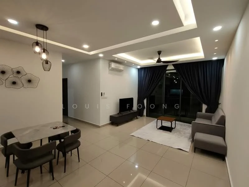 Living features: grey fabric sofa, coffee table, area rug, dining table with 4 chairs, wall-mounted TV, floor-to-ceiling windows, blackout curtains, recessed LED downlights, ceiling fan with light, white painted walls, glossy tile flooring, air conditioning unit; style: modern; view: city.