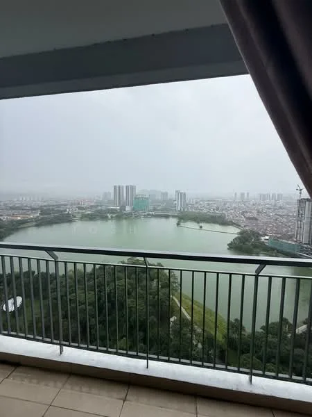 Room features: floor-to-ceiling windows, balcony with railing, grey tiled flooring, curtain, view of city skyline, view of lake, view of greenery; style: modern; view: city.