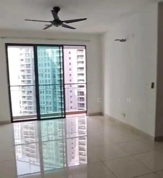 Living features: floor-to-ceiling windows, sliding glass door, 5-blade ceiling fan, white painted walls, glossy tile flooring, balcony access, city view, neutral color palette; style: modern; view: city.