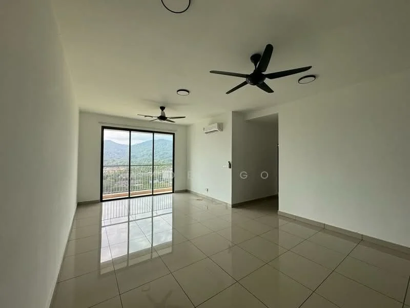 Living features: large floor-to-ceiling windows, mountain view, 2 ceiling fans, recessed downlights, white painted walls, glossy ceramic tile flooring, air conditioning unit, open layout; style: modern; view: mountain.