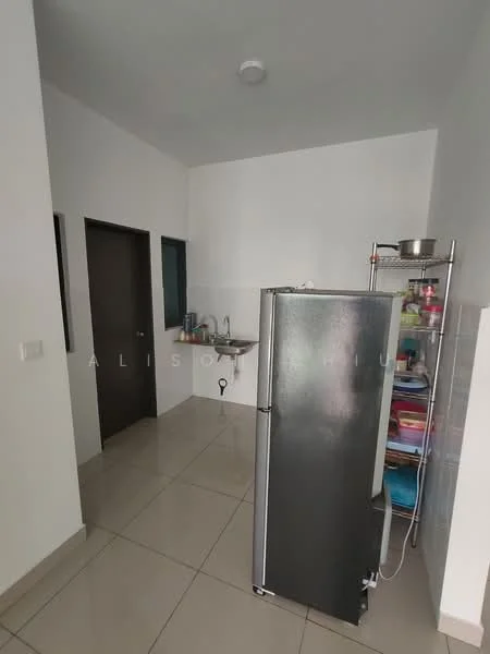 Kitchen features: grey stainless-steel fridge, single-bowl stainless-steel sink, chrome faucet, wall-mounted shelves, white walls, tile flooring, recessed ceiling light; style: modern. Room features: doorway leading to another room, doorway leading to hallway, window with green view.
