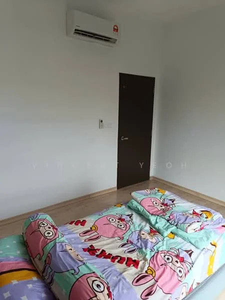 Bedroom features: light wooden flooring, white painted walls, 1 wall-mounted split AC, brown door, bedding with cartoon character design, decorative pillows, window with no visible treatment.