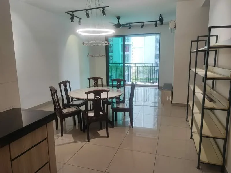 Dining features: round dining table, 6 dining chairs, white tabletop, wooden dining chairs, pendant light fixture, floor-to-ceiling windows, sliding glass door, balcony view, ceramic tile flooring, white painted walls, open shelving unit, air conditioning unit; style: modern; view: city.