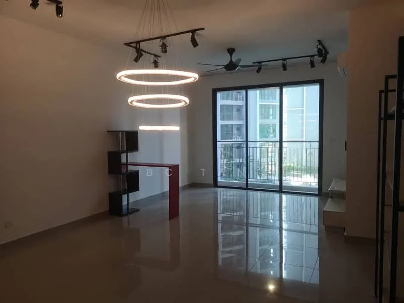 Living features: white painted walls, polished tile flooring, 5-blade ceiling fan, recessed LED downlights, 3 circular pendant lights, floor-to-ceiling sliding glass door, balcony access, TV console, open layout; style: modern; view: city.