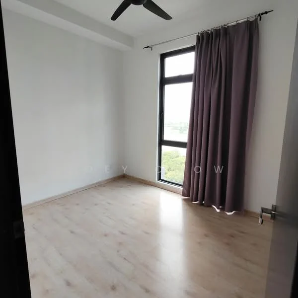 Room features: light wood laminate flooring, white painted walls, floor-to-ceiling window, purple curtains, ceiling fan; style: modern; view: garden.