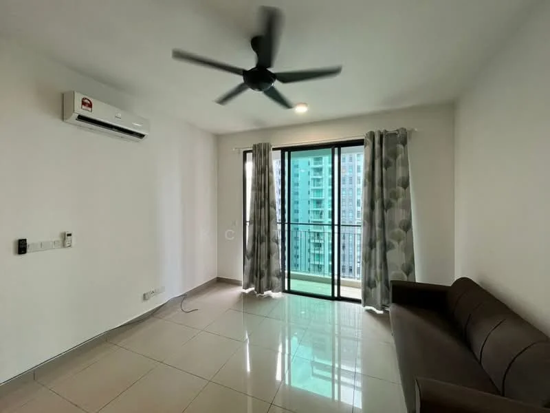 Living features: white painted walls, grey tiled flooring, 5-blade ceiling fan, floor-to-ceiling windows, sliding glass door, curtains with geometric pattern, sofa in brown, wall-mounted split AC; style: modern; view: city.