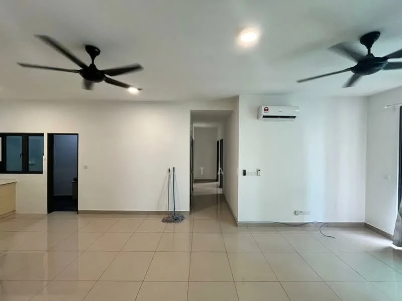 Living features: large floor tiles, white painted walls, 2 ceiling fans, 1 wall-mounted split AC, open layout, natural light from windows, neutral color scheme, no visible furniture; style: modern. Room features: doorway leading to another room, doorway leading to kitchen, clean and uncluttered space.