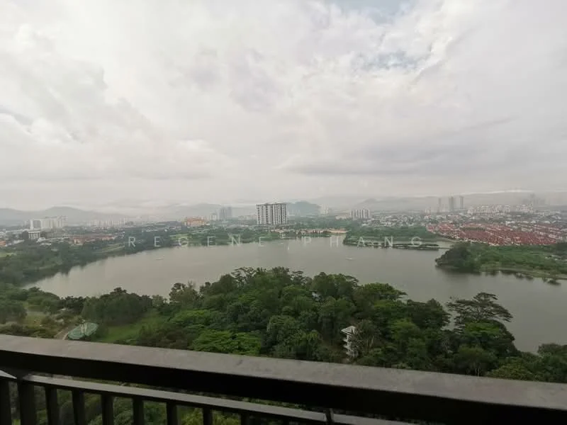 Exterior type: high-rise condominium; features: panoramic city skyline view, lake view, surrounded by greenery, multiple high-rise buildings in the distance, cloudy sky, urban landscape; style: modern.