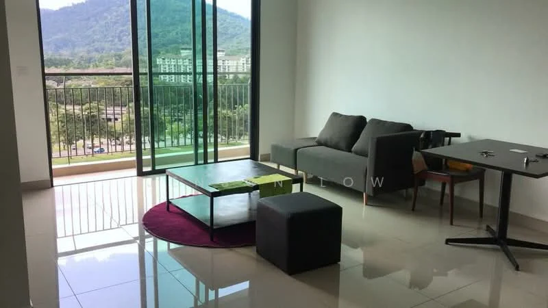 Living features: grey fabric sofa, coffee table with glass top, round area rug in burgundy, floor-to-ceiling windows, sliding glass door, view of mountain, polished tile flooring, wall-mounted TV, side table with chair; style: modern; view: mountain.