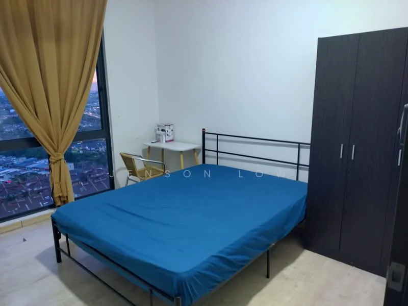 Bedroom features: queen-size bed with blue bedding, black metal bed frame, wooden study desk, yellow curtain, large window with city view, black wardrobe, laminate flooring, wall-mounted power outlet; style: modern; view: city.