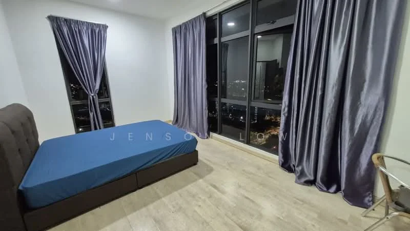 Bedroom features: queen-size bed with blue mattress, floor-to-ceiling windows, grey curtains, light wood flooring, decorative wall, city skyline view, side table, chair; style: modern; view: city.