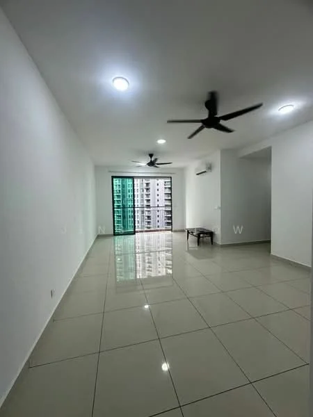 Living features: white painted walls, glossy ceramic tile flooring, 5-blade ceiling fan with light, floor-to-ceiling windows, sliding glass door, air conditioning unit, neutral decor, natural light from windows; style: modern; view: city.