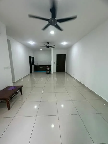 Living features: white painted walls, glossy ceramic tile flooring, 2 ceiling fans, recessed LED downlights, kitchenette area with cabinets, open layout, no visible furniture, neutral color scheme; style: modern.