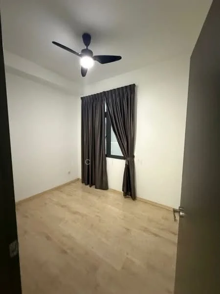 Room features: light wood flooring, white painted walls, ceiling fan with light, floor-to-ceiling window, dark curtains.