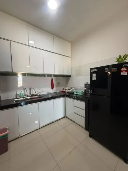Kitchen features: white high-gloss cabinetry, black refrigerator, stainless-steel sink, chrome pull-down faucet, white tiled backsplash, grey countertop, built-in oven, ceramic tile flooring, recessed downlights; style: modern.