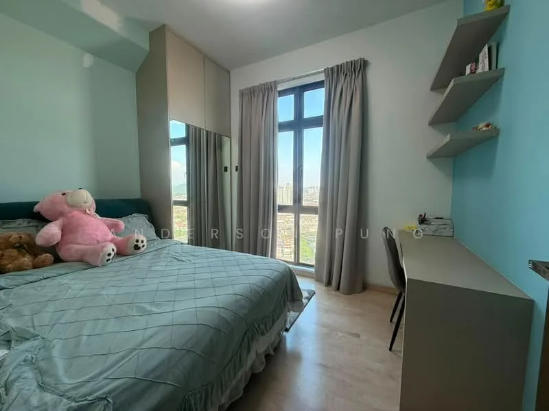 Bedroom features: king-size bed with teal bedding, upholstered headboard, floor-to-ceiling window, curtains, wooden flooring, built-in wardrobe with mirror, study desk, chair, decorative teddy bear, wall-mounted shelf, wall with light blue paint; style: modern; view: city.