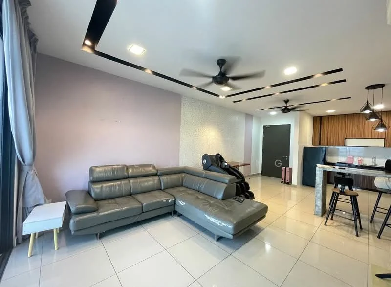Living features: L-shape sectional sofa in grey, coffee table, wall-mounted TV, ceiling fan with light, recessed downlights, grey accent wall, white painted walls, polished tile flooring, open-plan layout, large windows with sheer curtains; style: modern; view: city.