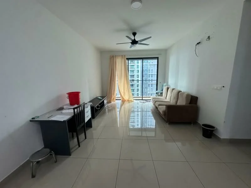 Living features: cream painted walls, glossy tile flooring, 5-blade ceiling fan with light, sofa in beige, coffee table, TV console, floor-to-ceiling windows, curtains, wall-mounted TV, decorative wall, light fixture; style: modern; view: city.