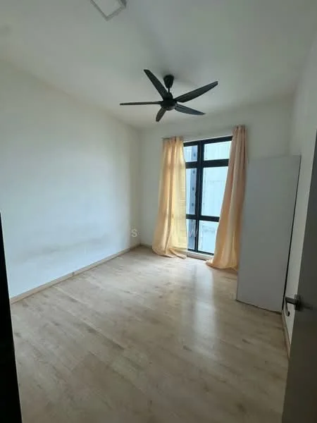 Bedroom features: light wood laminate flooring, white painted walls, 5-blade ceiling fan, floor-to-ceiling window, sheer curtains, built-in wardrobe, natural light, neutral decor; style: modern.