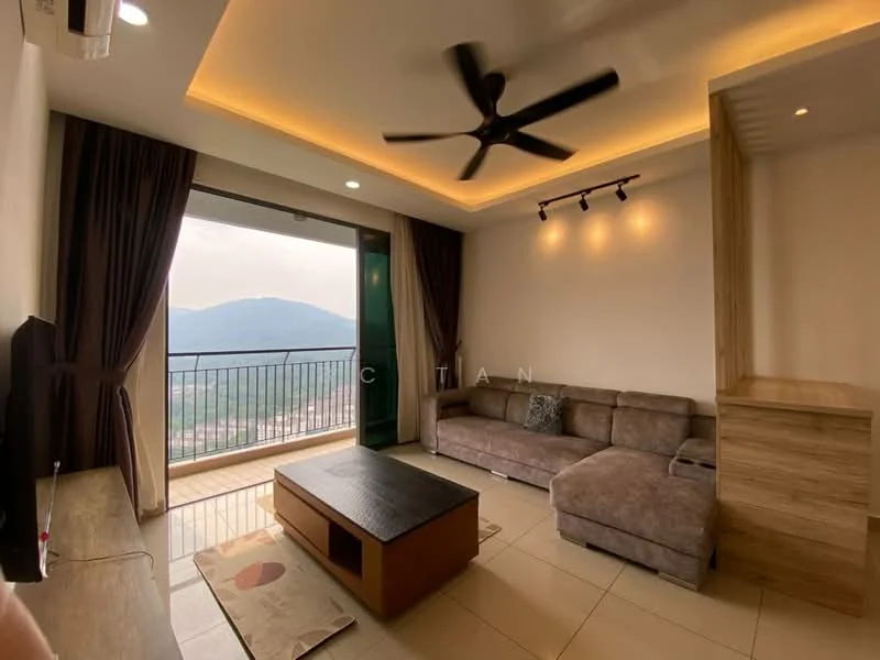 Living features: 3-seater fabric sofa in grey, ceiling fan with light, coffee table, wall-mounted TV, TV console, recessed downlights, floor-to-ceiling windows, curtains, mountain view, tile flooring, decorative wall paneling, area rug; style: modern; view: mountain.