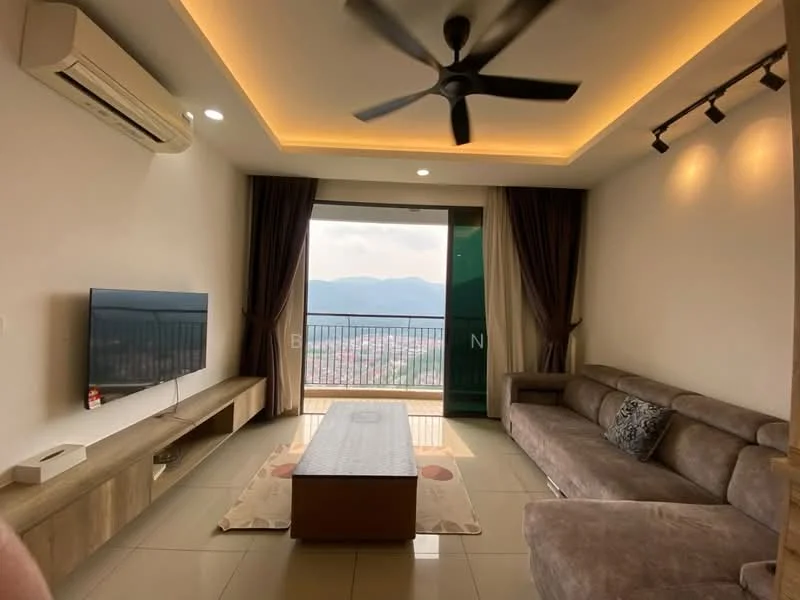 Living features: 3-seater fabric sofa in grey, coffee table, wall-mounted TV, TV console, 5-blade ceiling fan with light, recessed LED downlights, floor-to-ceiling windows, curtains, cream painted walls, tile flooring, decorative wall art, area rug with geometric pattern; style: modern; view: mountain.