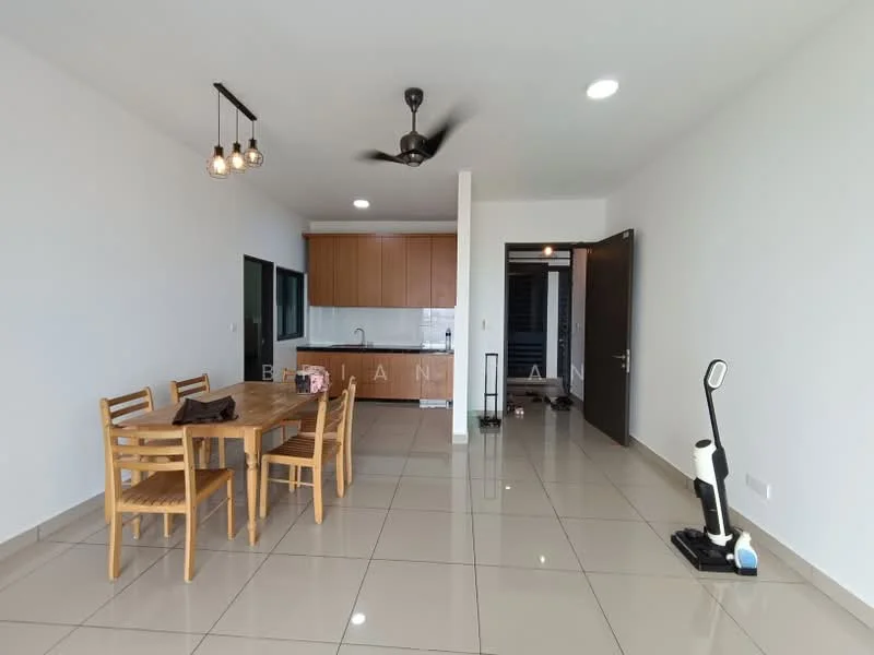 Dining features: wooden dining table with 4 chairs, pendant lighting with 3 bulbs, white painted walls, ceramic tile flooring, ceiling fan, open layout to kitchen, sliding door to hallway, window with natural light; style: modern. Kitchen features: wood cabinetry, black countertop, stainless-steel sink, built-in stove, oven, refrigerator, open layout to dining area; style: modern. Hallway features: white painted walls, ceramic tile flooring, door to entrance, door to other rooms; style: modern.