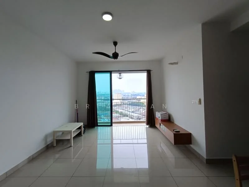 Living features: white painted walls, glossy tile flooring, 5-blade ceiling fan with light, floor-to-ceiling windows, sliding glass door, brown wooden TV console, white coffee table, curtains, city view; style: modern; view: city.