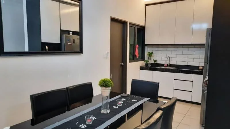 Dining features: black dining table, 4 black upholstered dining chairs, decorative vase on table, table runner, wall-mounted mirror, white walls, tile flooring, recessed lighting; style: modern. Kitchen features: black countertop, white upper cabinets, white lower cabinets, stainless-steel fridge, built-in oven, black backsplash with white grout, single-bowl stainless-steel sink, chrome pull-down faucet, window above sink; style: modern.