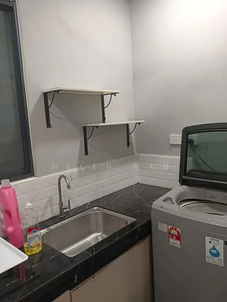Laundry features: single-bowl stainless-steel sink, black marble countertop, white tiled backsplash, open shelving, front-load washing machine, grey cabinetry, window with black frame, pink dish soap, blue detergent bottle; style: modern.