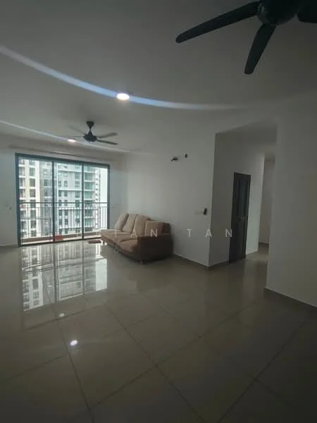 Living features: 3-seater fabric sofa in beige, floor-to-ceiling windows, grey tiled flooring, 2 ceiling fans, white painted walls, recessed downlights, open layout, balcony access; style: modern; view: city.