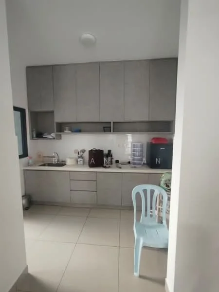 Kitchen features: grey cabinetry, white countertop, single-bowl stainless-steel sink, chrome pull-down faucet, built-in oven, microwave, refrigerator, tile flooring, wall-mounted cabinet, open shelving, kitchen chair; style: modern.