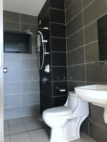 Bathroom features: grey tiled walls, white ceramic toilet, single-sink vanity with white cabinet, chrome basin mixer faucet, shower with handheld showerhead, wall-mounted water heater, mirror above sink, tile flooring; style: modern.