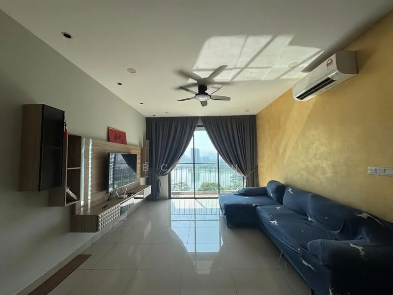 Living features: 3-seater fabric sofa in blue, wall-mounted TV, TV console with storage, ceiling fan with light, large floor-to-ceiling windows, curtains in grey, white painted walls, gold accent wall, glossy tile flooring, air conditioning unit, decorative artwork on wall; style: modern; view: city.