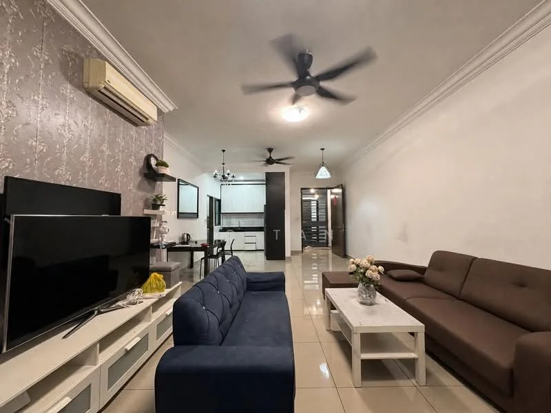 Living features: 3-seater fabric sofa in navy blue, 2-seater fabric sofa in brown, white coffee table, wall-mounted TV, TV console with storage, ceiling fan with light, recessed downlights, cream painted walls with decorative wallpaper, glossy tile flooring, air conditioning unit, decorative vase with flowers; style: modern. Dining features: dining table with 4 chairs, open-plan layout to kitchen, wall-mounted shelf, decorative wall art; style: modern.