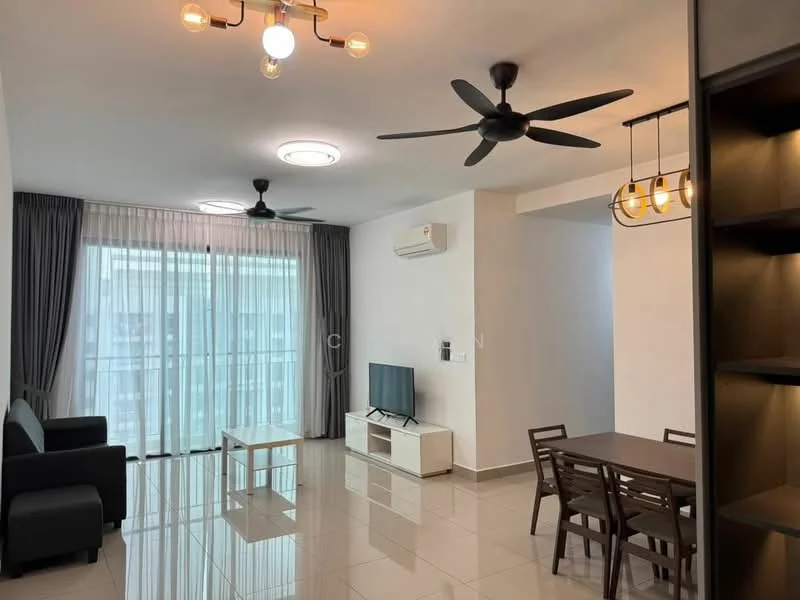 Living features: 2-seater fabric sofa in black, 1 coffee table, wall-mounted TV, 2 ceiling fans, recessed downlights, floor-to-ceiling windows with sheer curtains, white painted walls, glossy tile flooring, air conditioning unit; style: modern; view: city. Dining features: 4-seater dining table, wooden dining chairs, pendant lighting above dining table; style: modern.