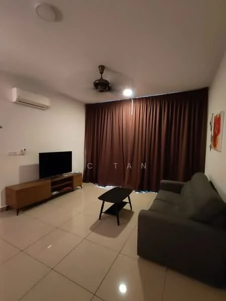 Living features: 3-seater fabric sofa in grey, coffee table, TV console, wall-mounted TV, floor-to-ceiling windows, dark brown curtains, 1 wall-mounted split AC, ceiling fan, polished ceramic tile flooring, white painted walls, decorative artwork; style: modern.