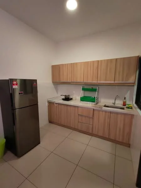 Kitchen features: stainless-steel fridge, light wood cabinetry, white countertop, single-bowl stainless-steel sink, chrome pull-down faucet, ceramic tile flooring, wall-mounted dish rack, stove with cooking pot, window for natural light, LED ceiling light; style: modern.
