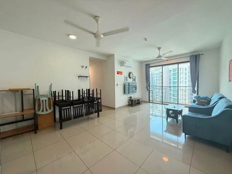 Living features: light grey walls, white ceiling, recessed downlights, 5-blade ceiling fan, floor-to-ceiling windows, sliding glass door, grey fabric sofa, wooden coffee table, open shelving unit, stacked dining chairs, dining table, tile flooring, air conditioning unit; style: modern; view: city.