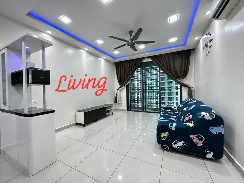 Living features: 3-seater fabric sofa with colorful car pattern, white wall-mounted TV console, floor-to-ceiling sliding glass door, grey curtains, recessed LED downlights, ceiling fan, white painted walls, glossy white tile flooring, decorative wall clock; style: modern; view: city.