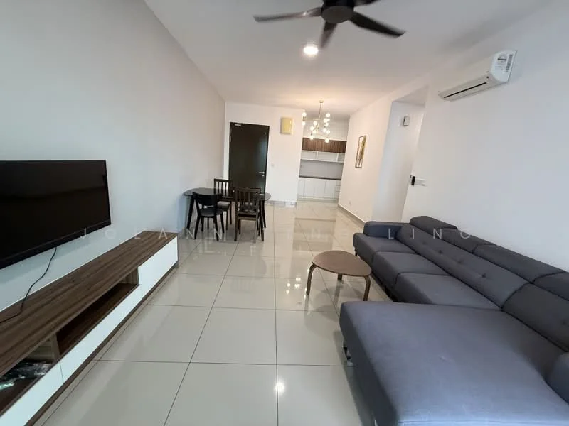 Living features: grey L-shape sectional sofa, round coffee table, wall-mounted TV, TV console with storage, 5-blade ceiling fan with light, white painted walls, glossy tile flooring, dining table with four chairs, recessed LED downlights, air conditioning unit; style: modern.