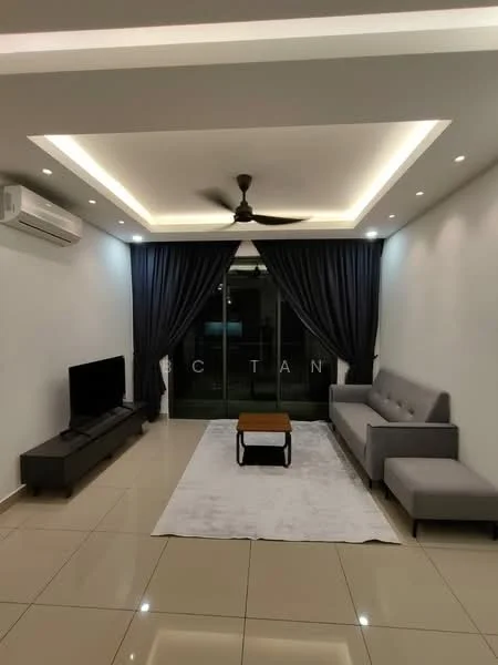 Living features: grey fabric 3-seater sofa, light wood coffee table, white area rug, black TV console, wall-mounted flat-screen TV, floor-to-ceiling glass sliding door, dark curtains, recessed LED downlights, 5-blade ceiling fan with light, cream painted walls, glossy tile flooring; style: modern.