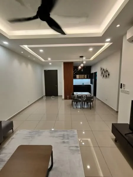 Living features: white painted walls, glossy tile flooring, recessed downlights, 5-blade ceiling fan, sofa in dark color, coffee table, dining table with chairs, wall-mounted TV, decorative wall art, open kitchen area, kitchen island with bar stools; style: modern.