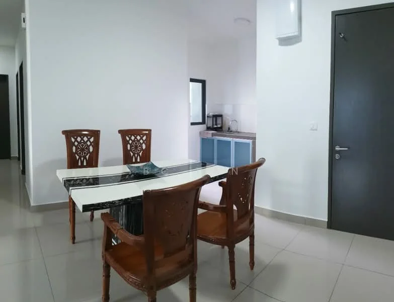 Dining features: 4-seater dining table with marble top, wooden dining chairs with intricate carvings, white painted walls, grey tiled flooring, recessed ceiling lights, window with black frame, kitchenette visible in background, door leading to hallway; style: modern.