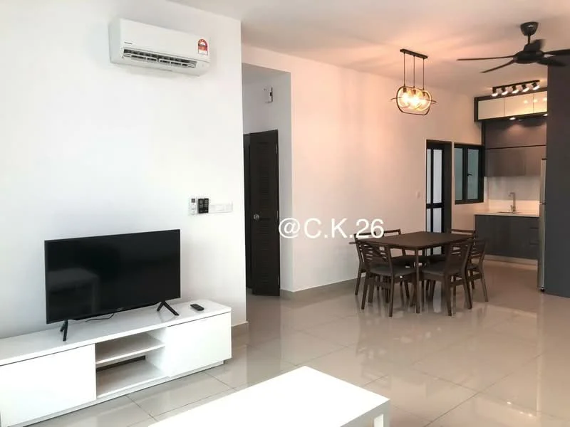 Living features: wall-mounted TV, white TV console, 5-blade ceiling fan with light, wall-mounted split AC, grey tiled flooring, recessed downlights, open-plan layout to dining area, large windows with black frames; style: modern. Dining features: 6-seater dining table, wooden dining chairs, grey cabinetry in background, open kitchen layout, pendant lighting above dining table; style: modern.