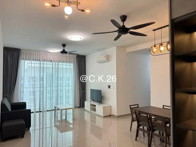 Living features: 2-seater fabric sofa in black, 3-seater fabric sofa in black, white coffee table, wall-mounted TV, TV console in white, dining table with 6 wooden chairs, floor-to-ceiling windows, sheer curtains, recessed downlights, 2-blade ceiling fans, glossy tile flooring, air conditioning unit; style: modern; view: city.