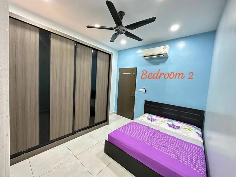 Bedroom features: queen-size bed with purple bedspread, upholstered headboard, built-in wardrobe with sliding doors, white walls with blue accent wall, ceiling fan, wall-mounted air conditioning unit, tile flooring, decorative wall text 'Bedroom 2'; style: modern.